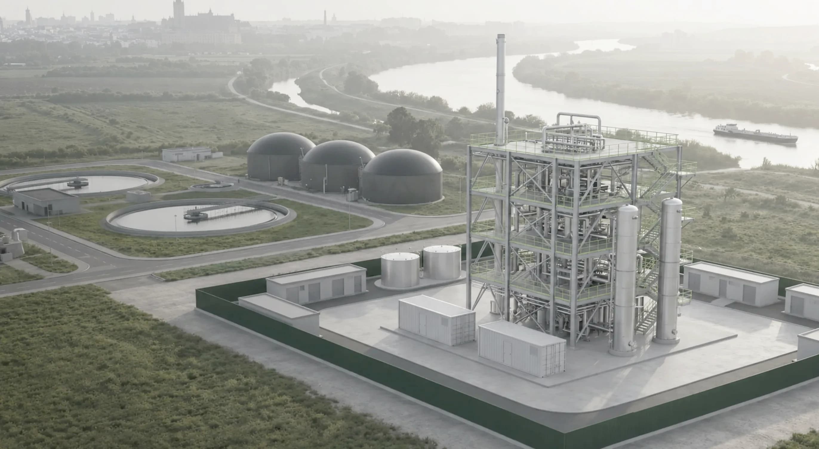 e-Methanol-Anlage von ICODOS am Fluss in goldener Abenddämmerung