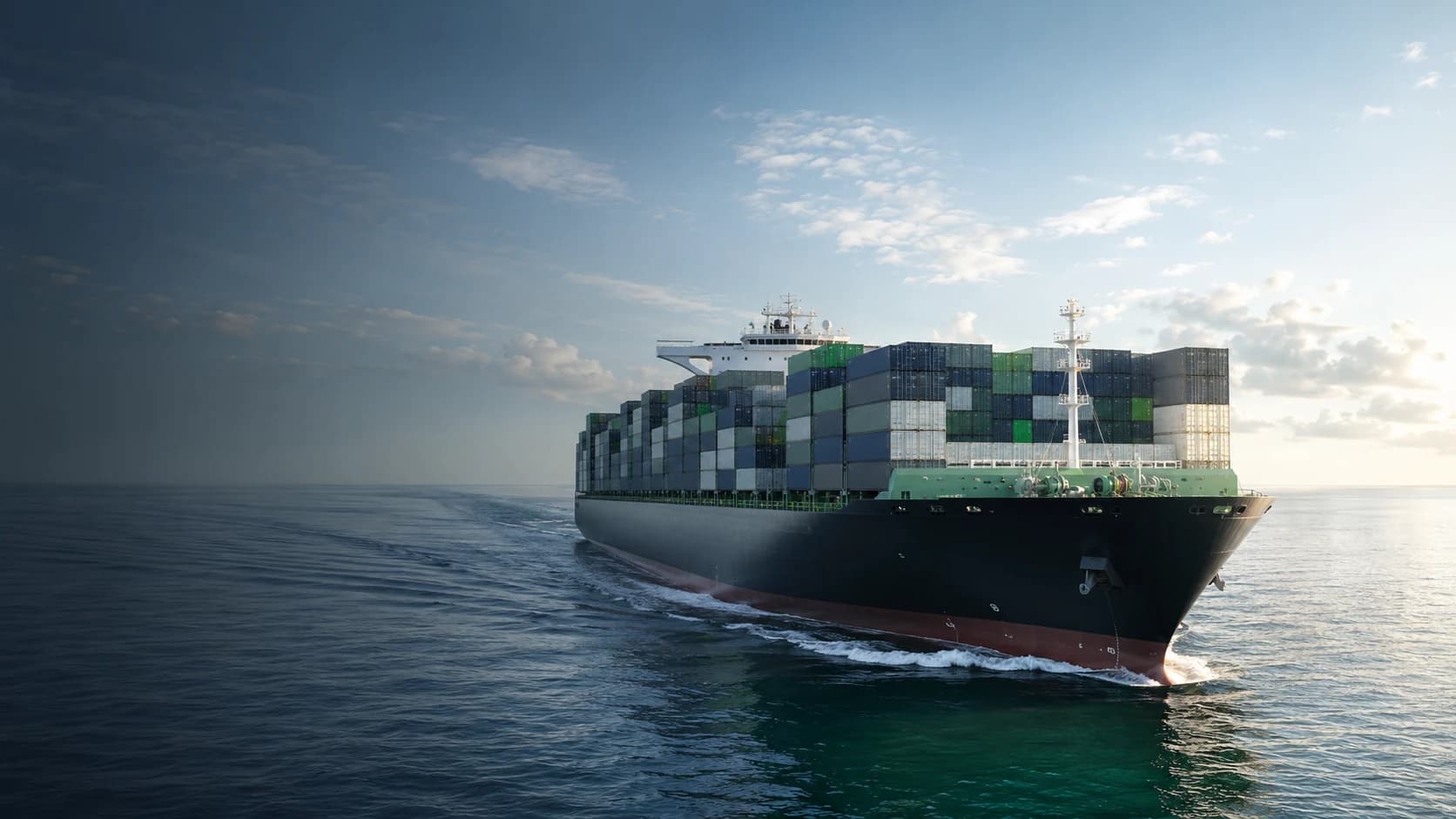 Green methanol-powered container ship at dawn