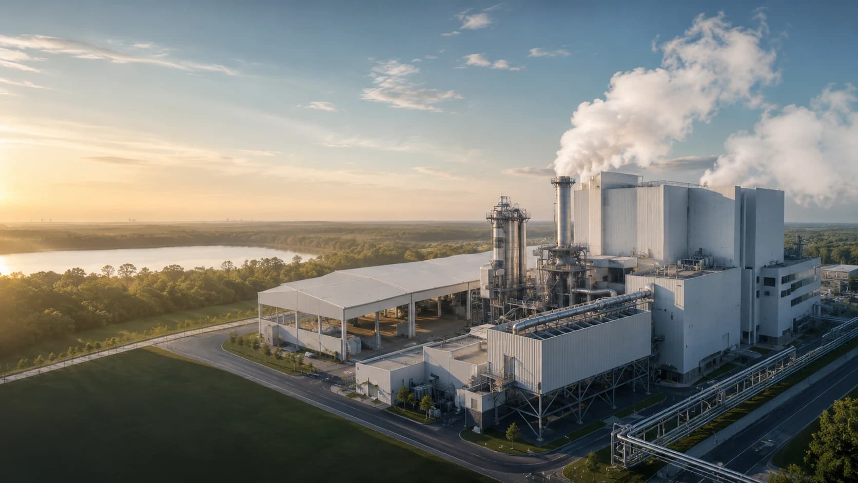 Industrial plant with emission stacks beside a lake at sunrise